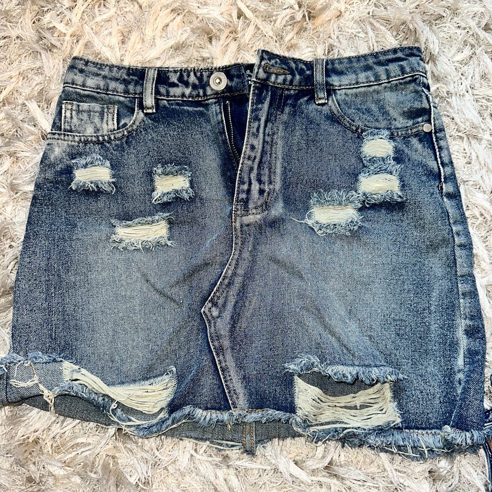 Distressed Blue Denim Mini Skirt